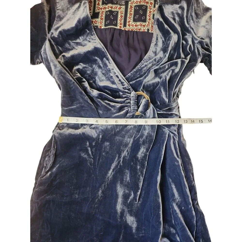 Maeve For Anthropologie Faux Wrap Mini Dress Womens Size 4  Navy Velvet Roll Tab